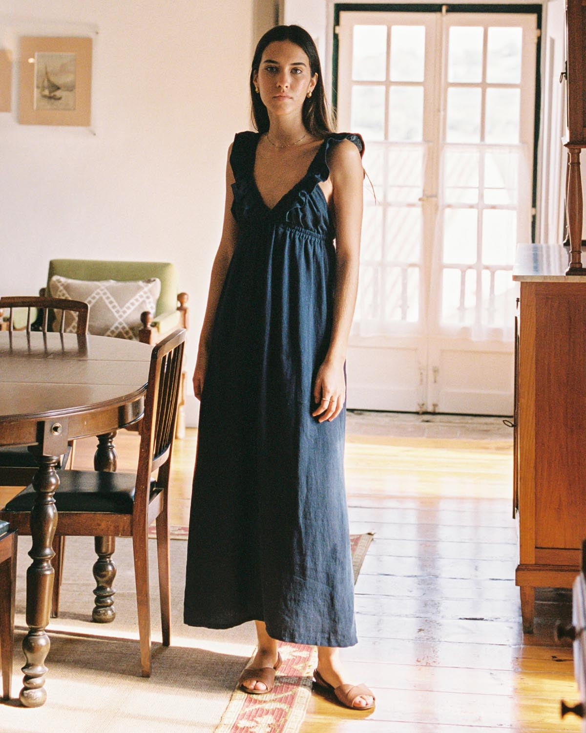 navy linen dress with ruffle top