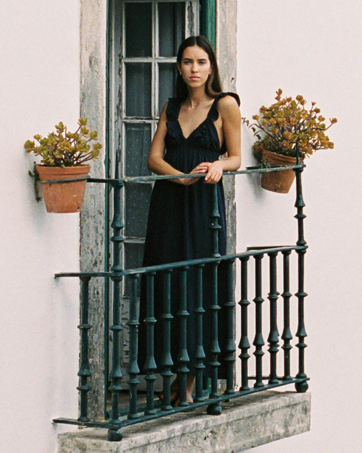 navy linen dress with ruffle top