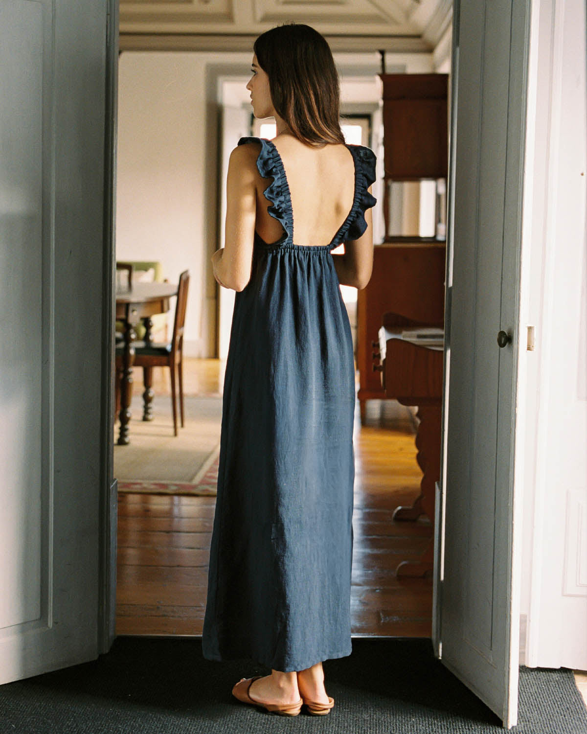 navy linen dress with ruffle top