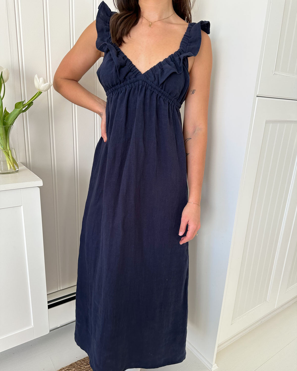 navy linen dress with ruffle top