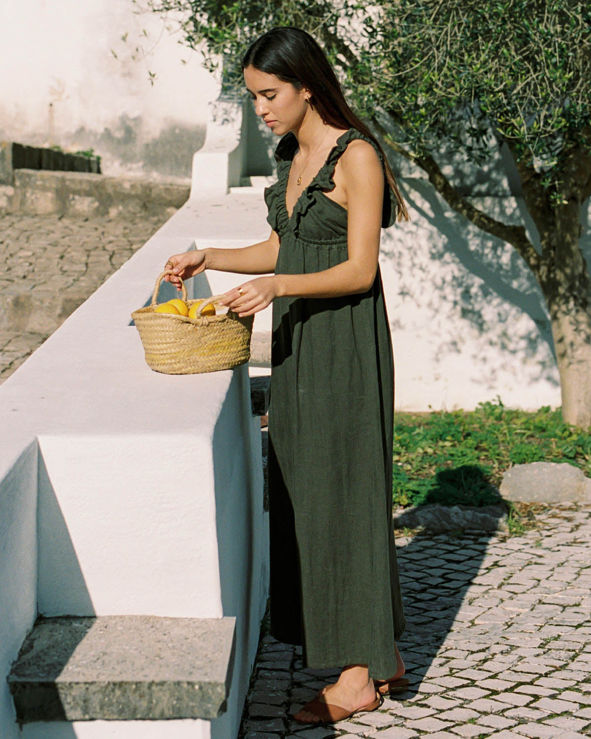 olive linen dress with ruffled top