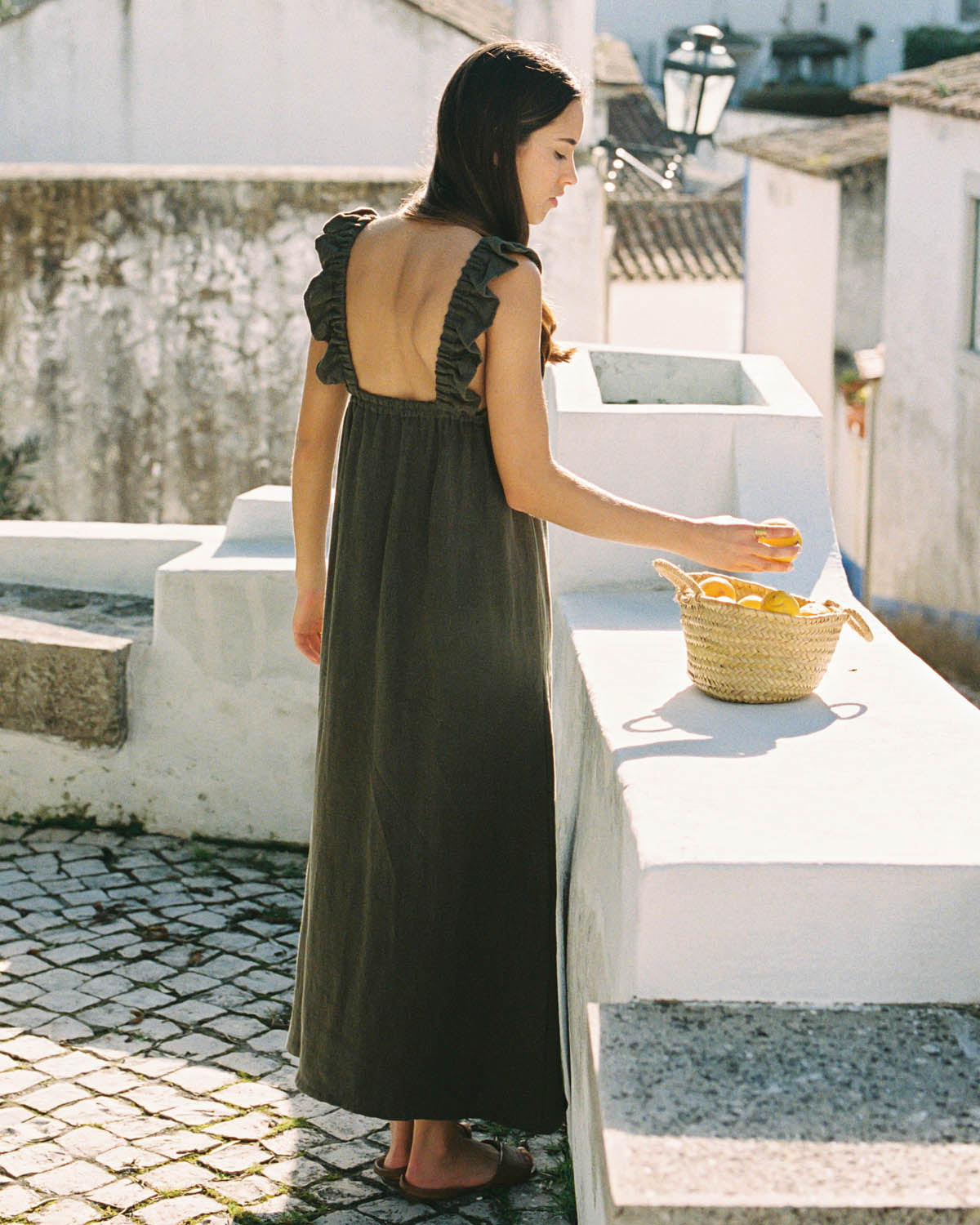 olive linen dress with ruffled top