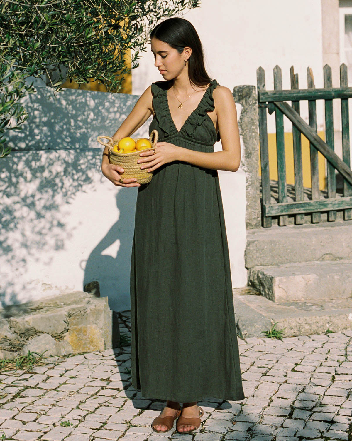 olive linen dress with ruffled top