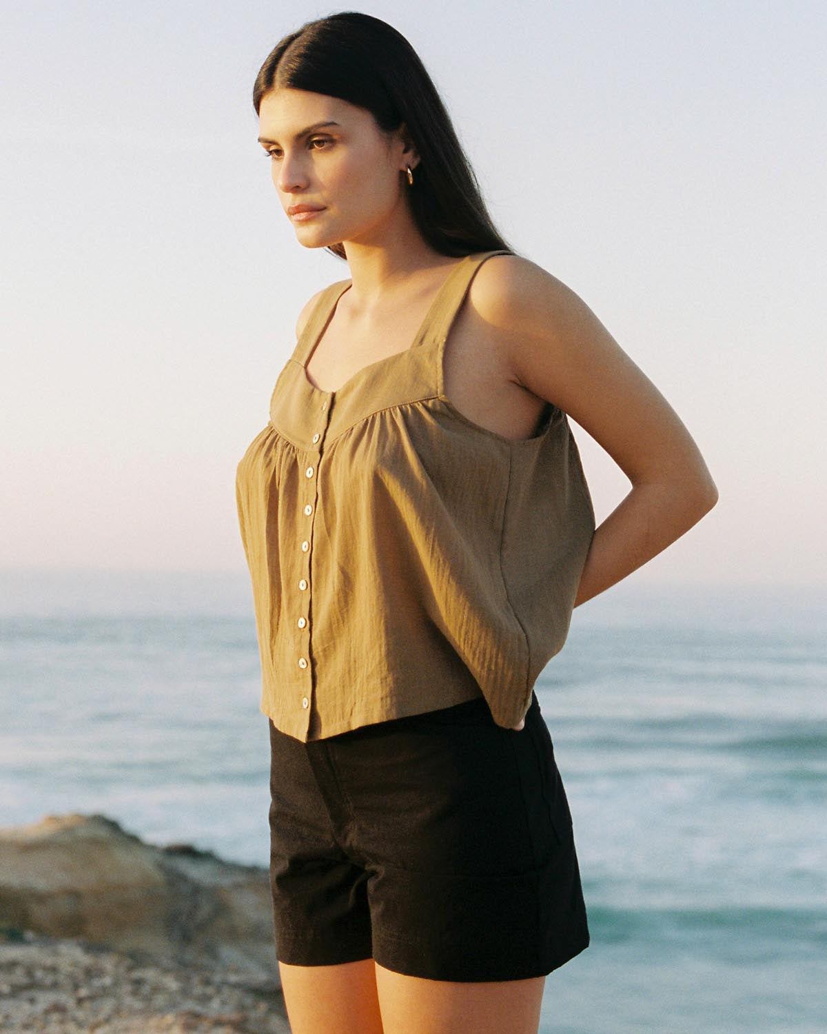 brown cotton tank top with shell button closure