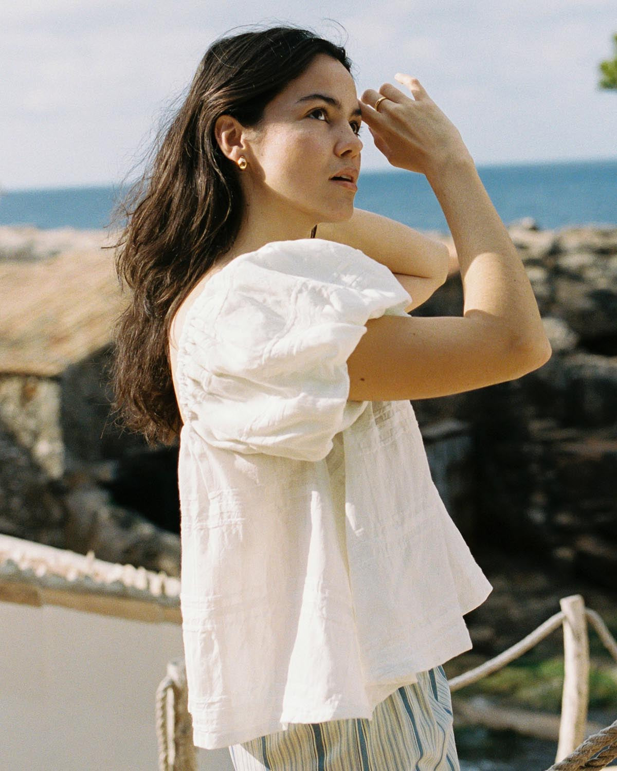 white cotton blouse with puff sleeves