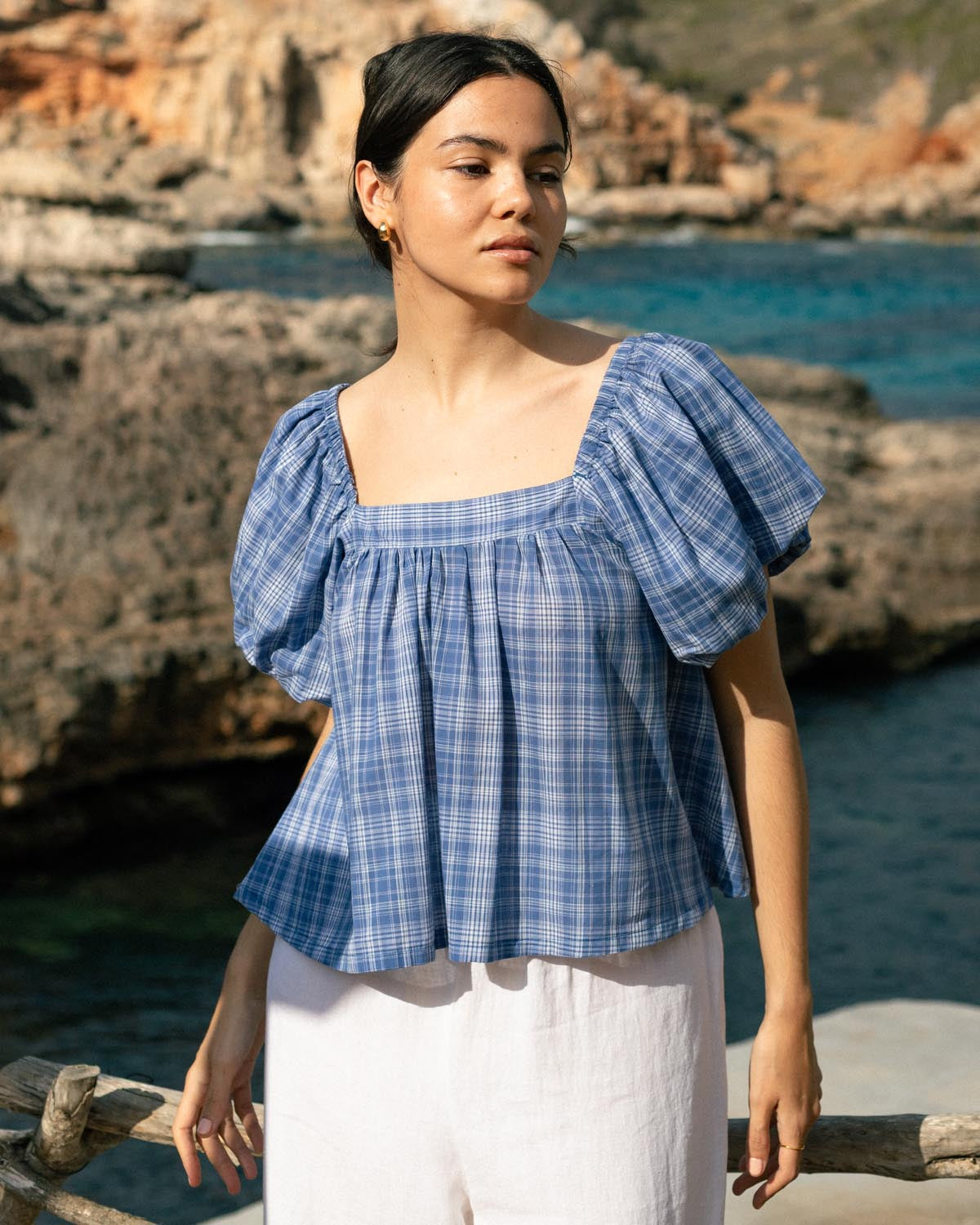 blue check puff sleeve blouse made from 100% cotton