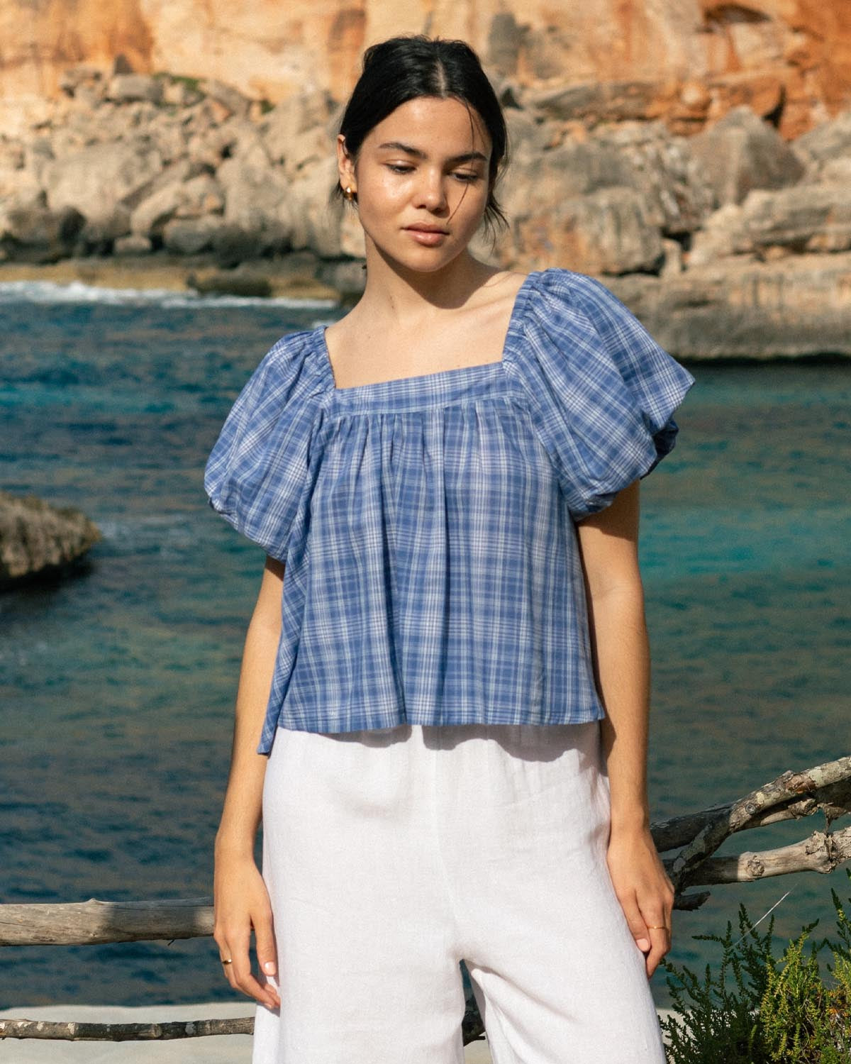 blue check puff sleeve blouse made from 100% cotton