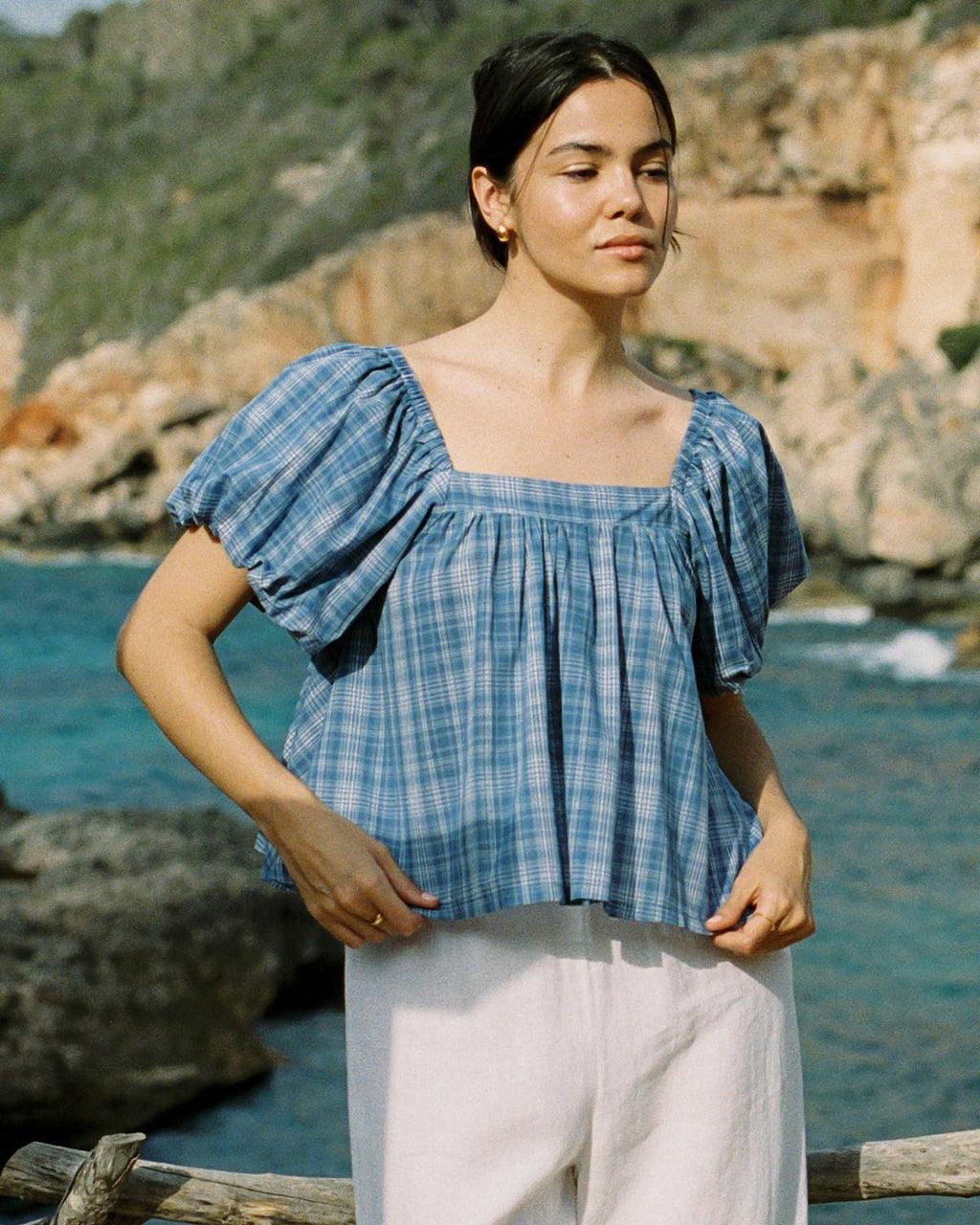 blue check puff sleeve blouse made from 100% cotton