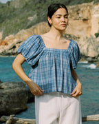 blue check puff sleeve blouse made from 100% cotton