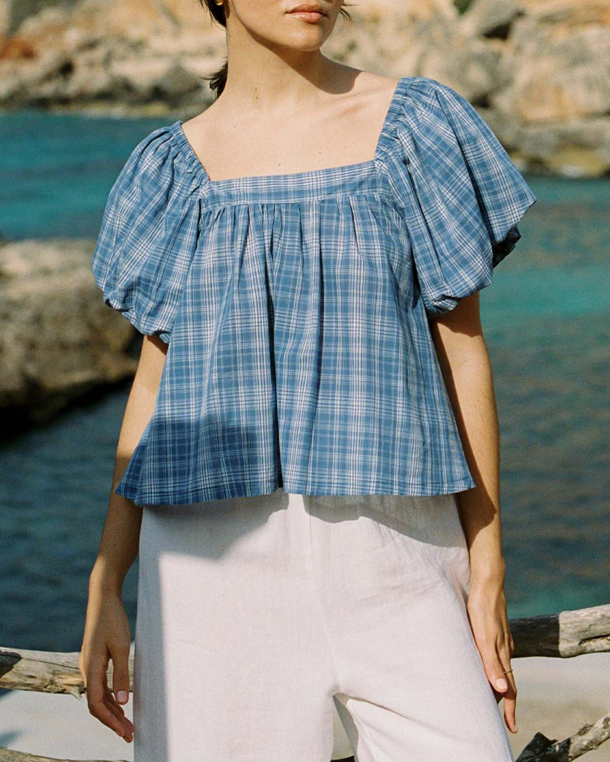blue check puff sleeve blouse made from 100% cotton