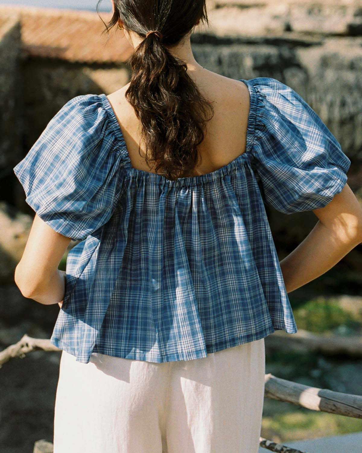 blue check puff sleeve blouse made from 100% cotton