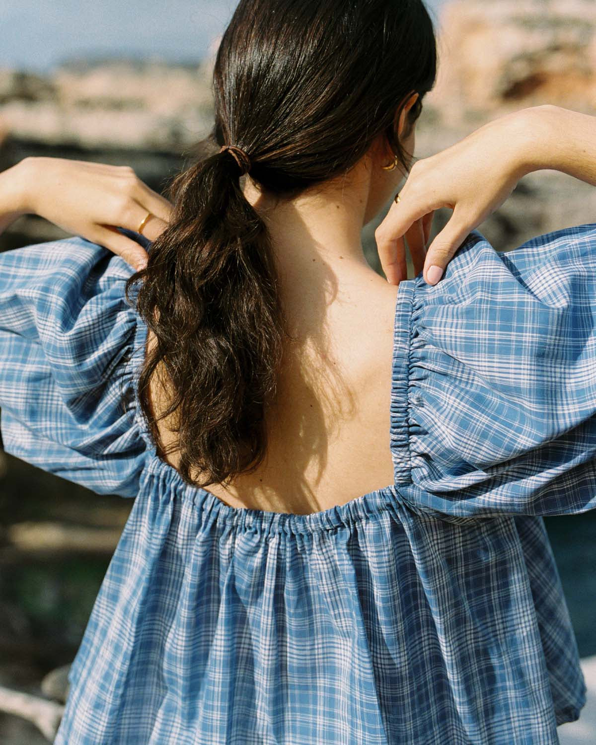 blue check puff sleeve blouse made from 100% cotton