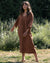 cinnamon-coloured long linen dress with adjustable sleeves