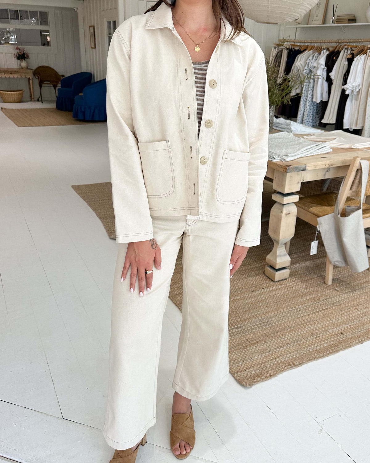 cream cropped cotton jacket with front pockets