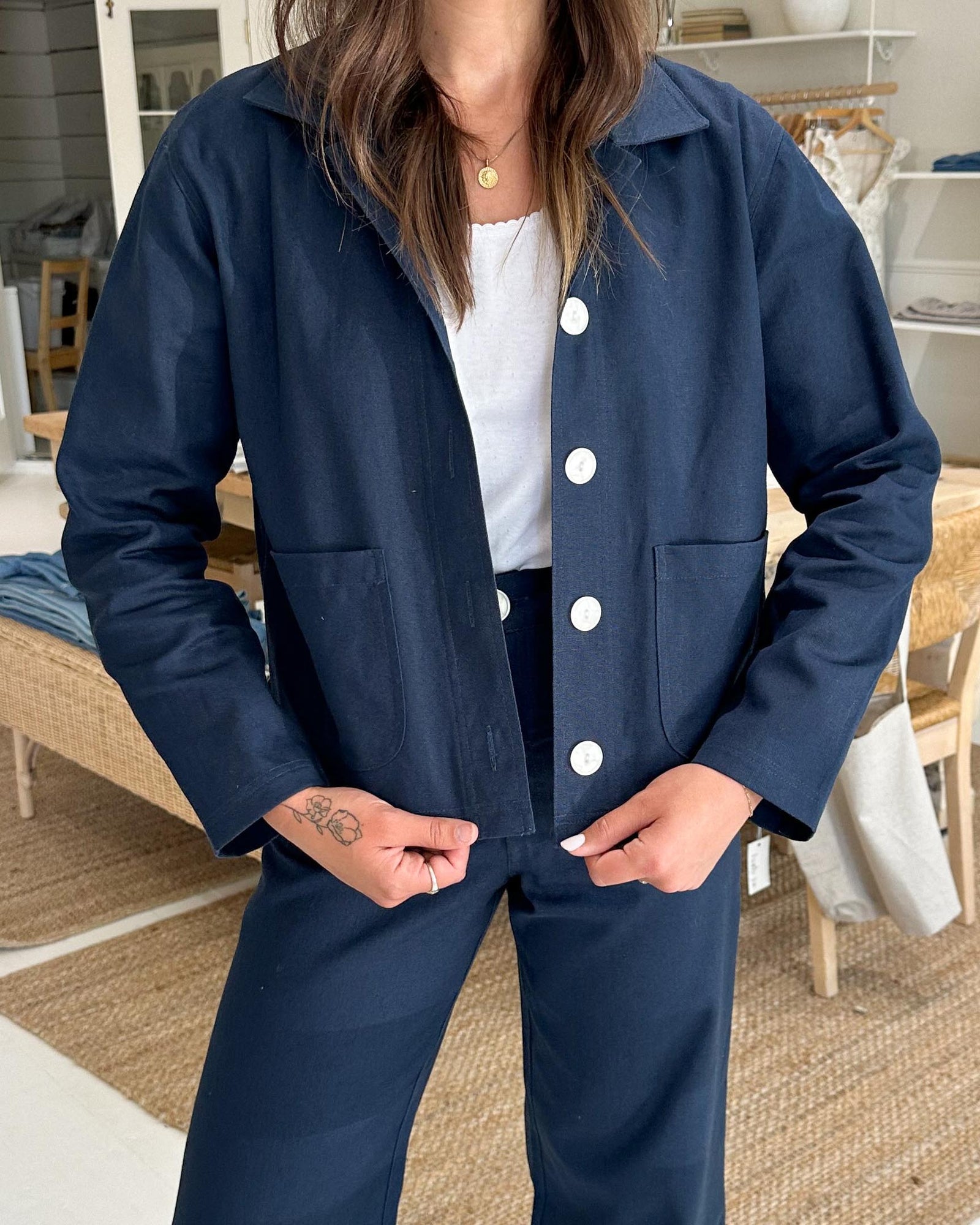 navy cropped hemp and organic cotton jacket with front pockets