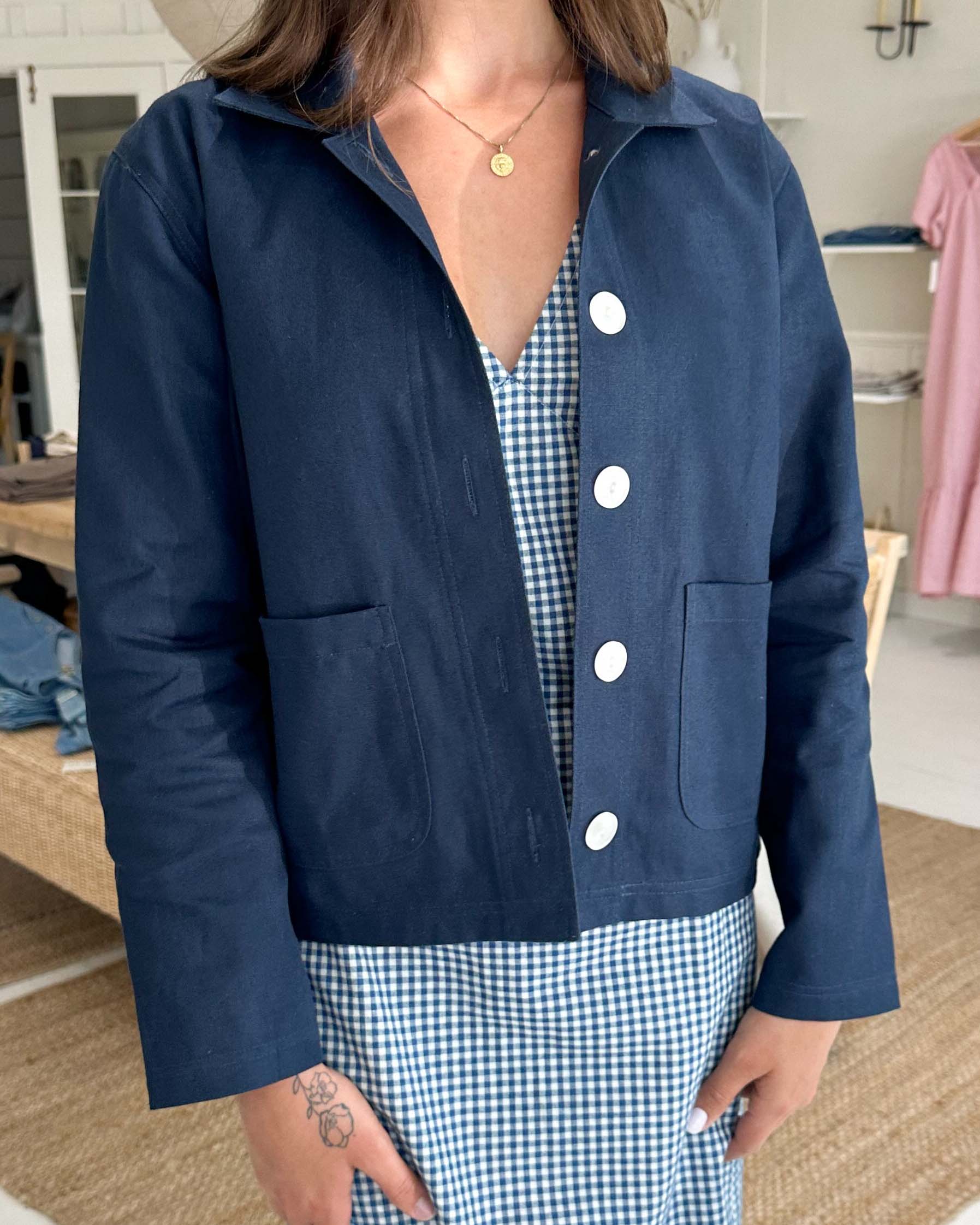 navy cropped hemp and organic cotton jacket with front pockets