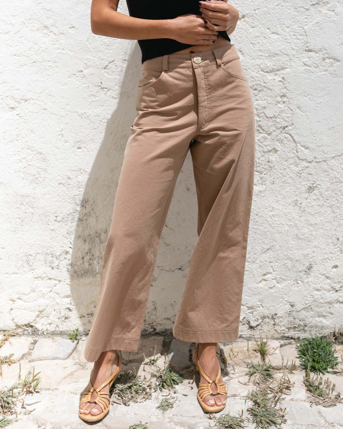 light brown wide-leg, high-waisted pants with front pockets