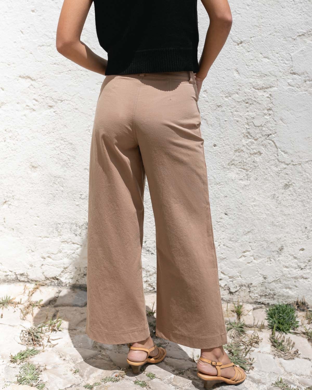 light brown wide-leg, high-waisted pants with front pockets