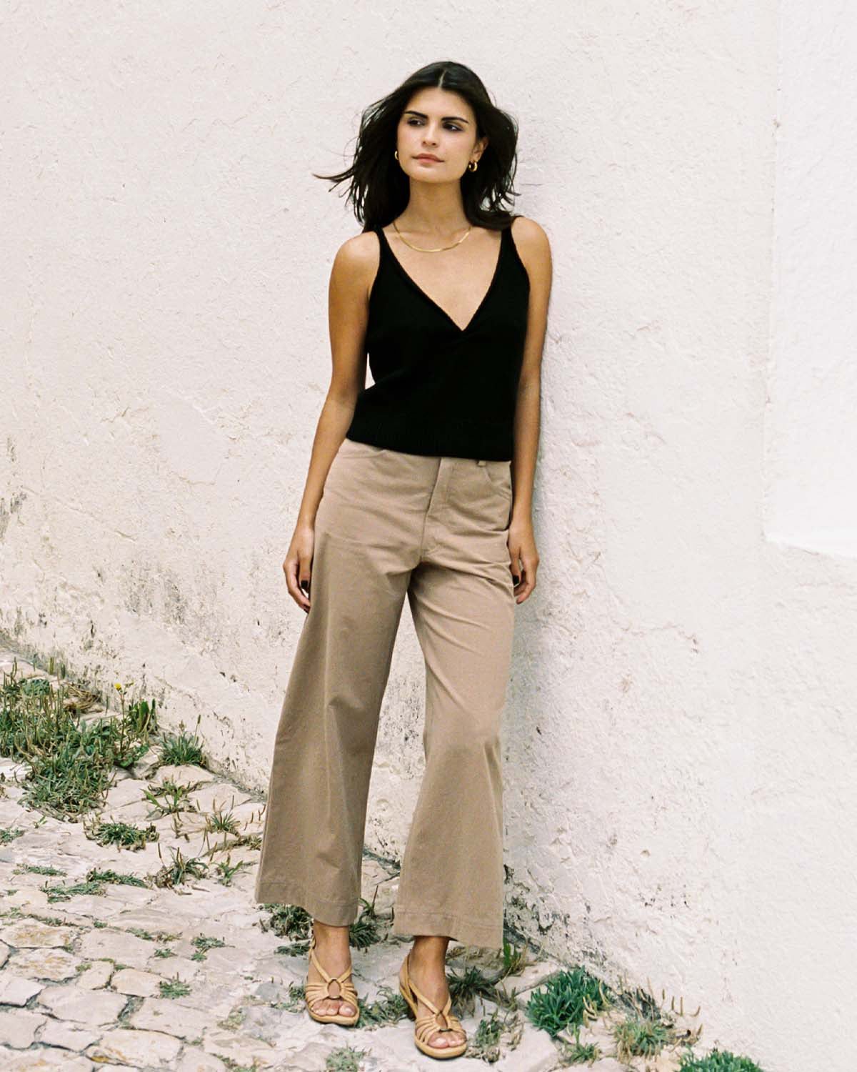 light brown wide-leg, high-waisted pants with front pockets