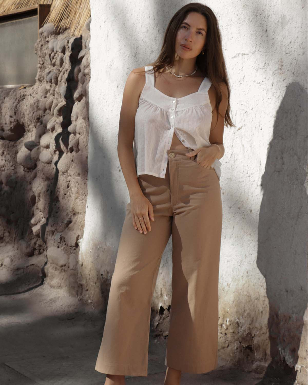light brown wide-leg, high-waisted pants with front pockets