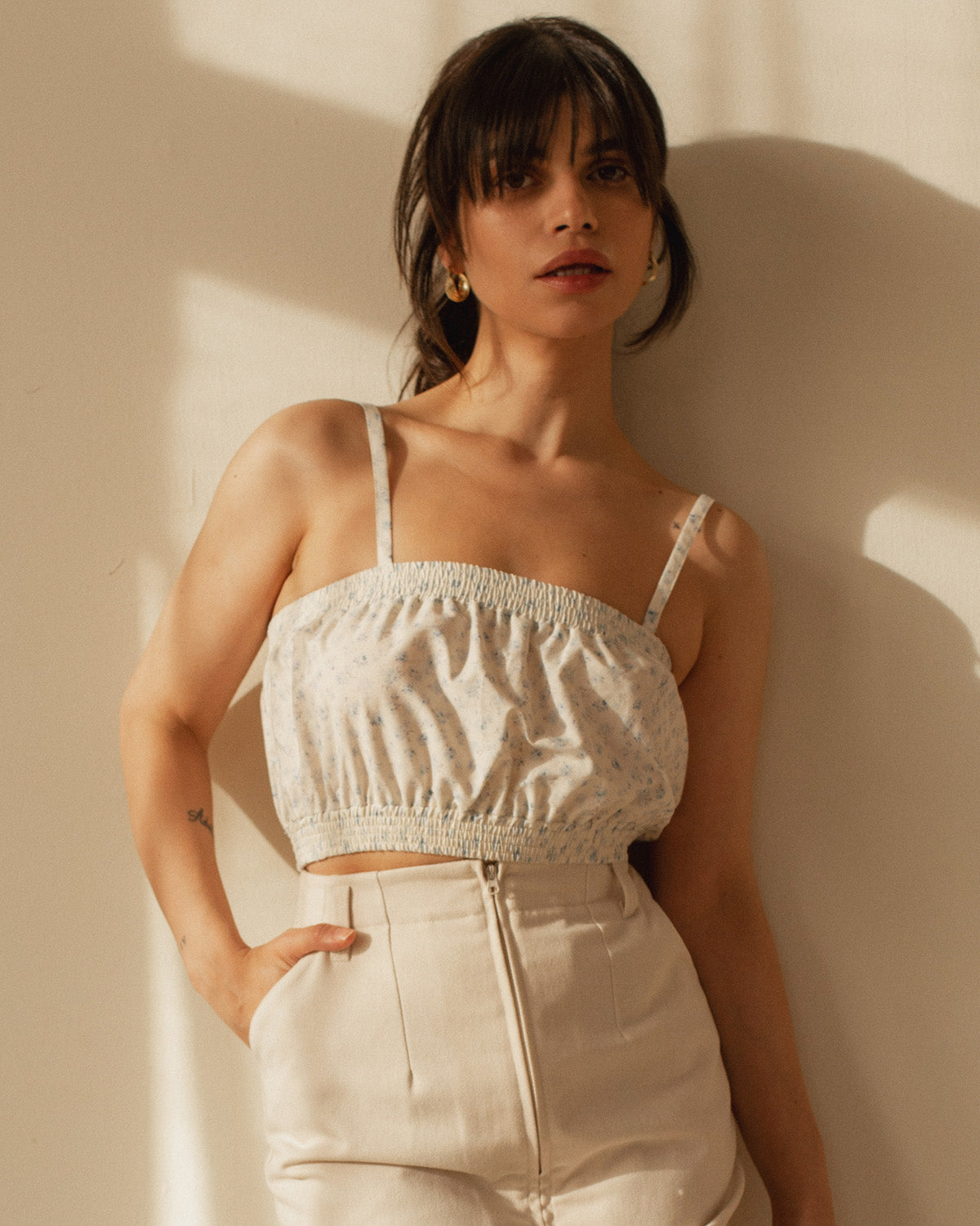 light blue floral cropped tank with adjustable straps