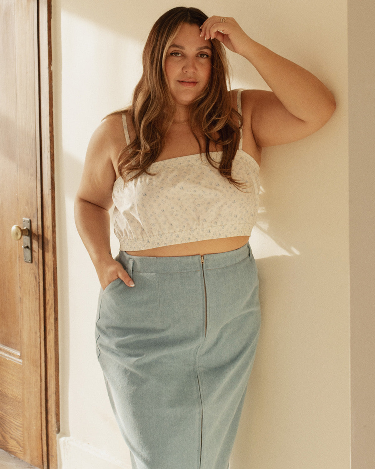 light blue floral cropped tank with adjustable straps