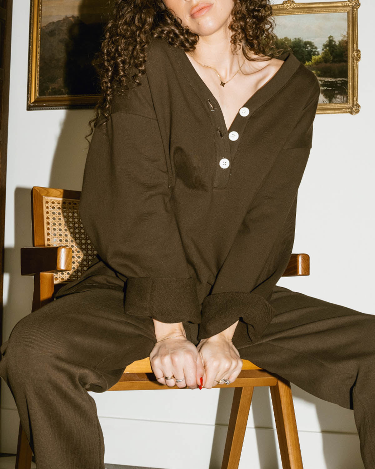 brown henley with long sleeves, 100% cotton