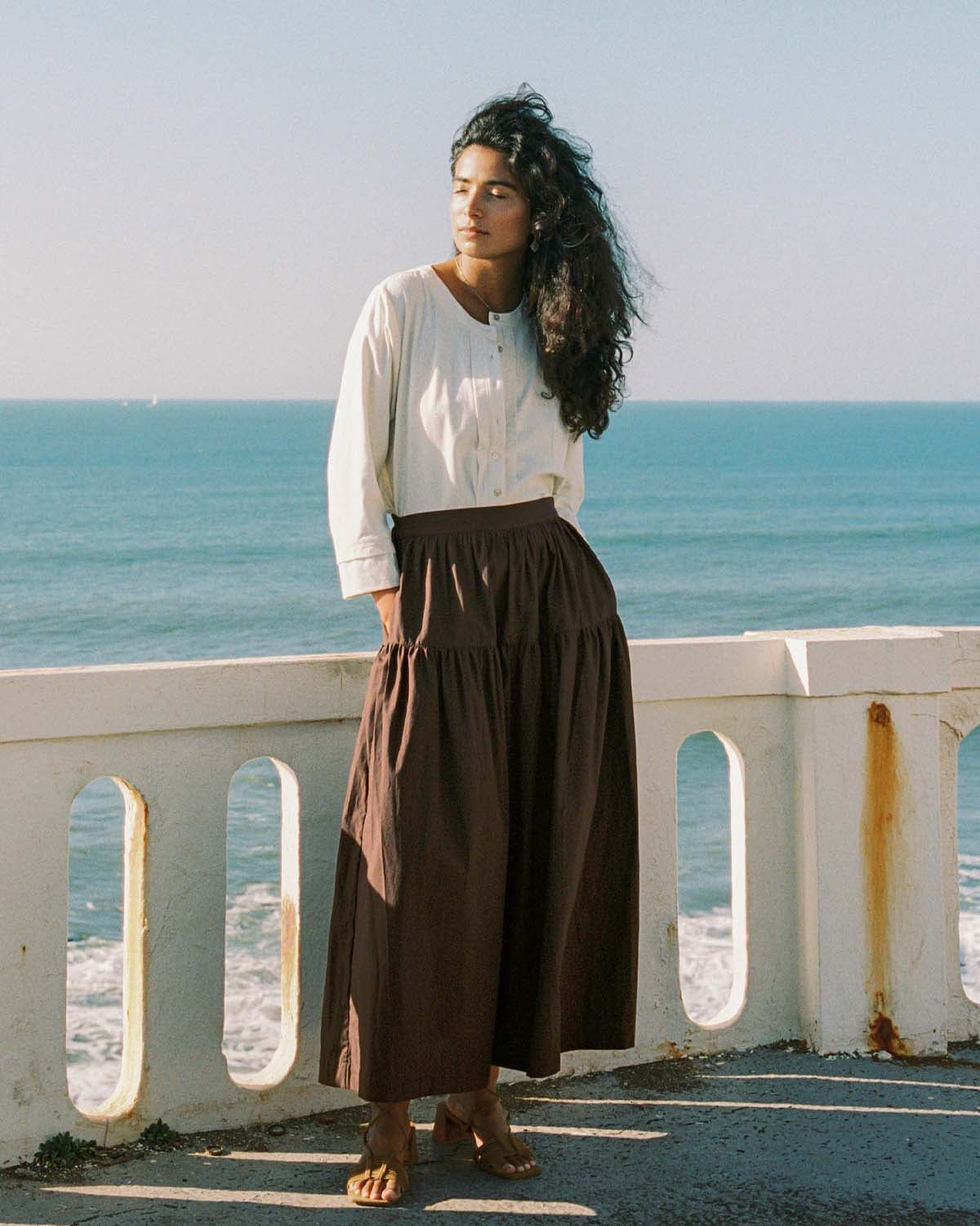 cotton, brown long skirt with ruffle