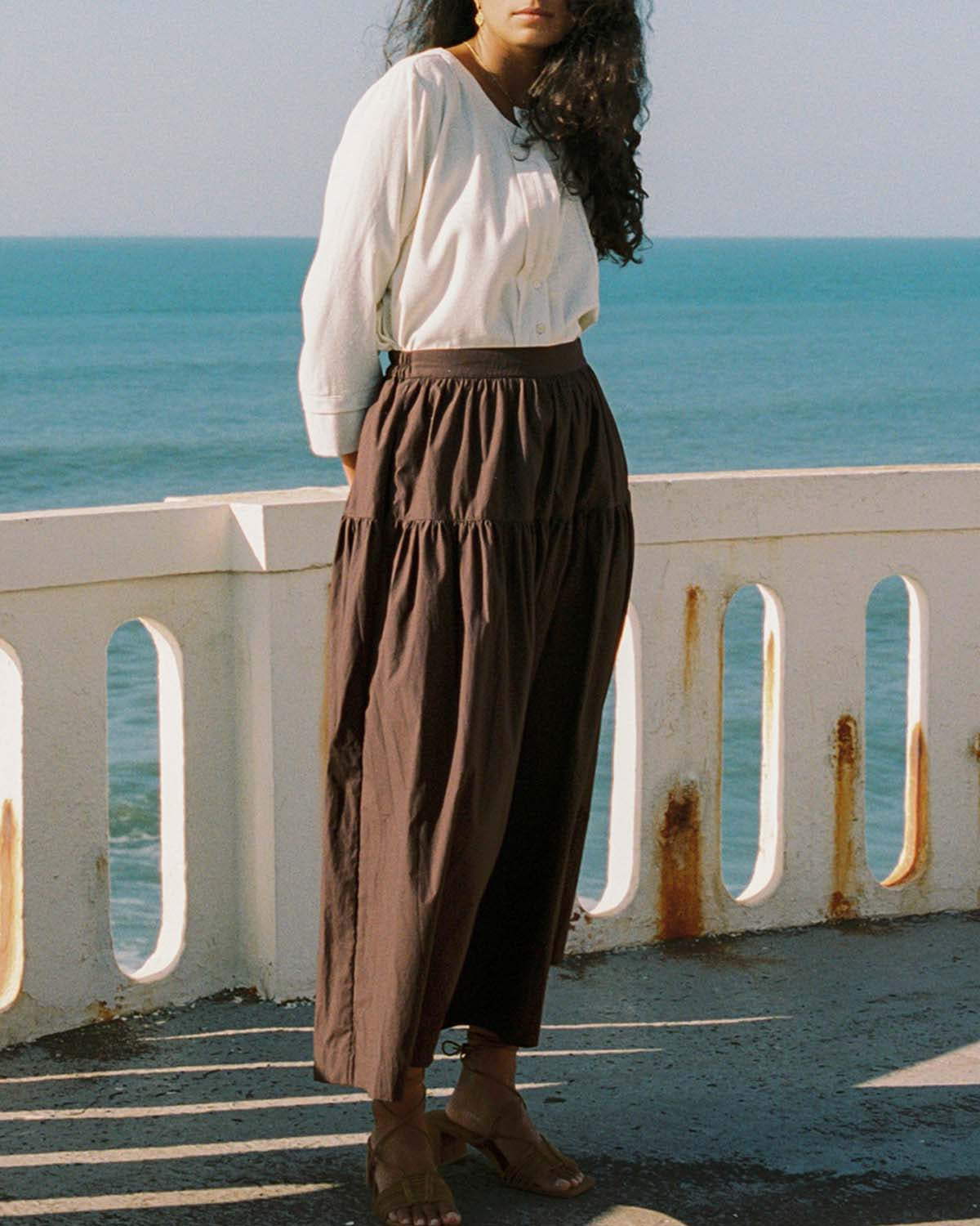 cotton, brown long skirt with ruffle