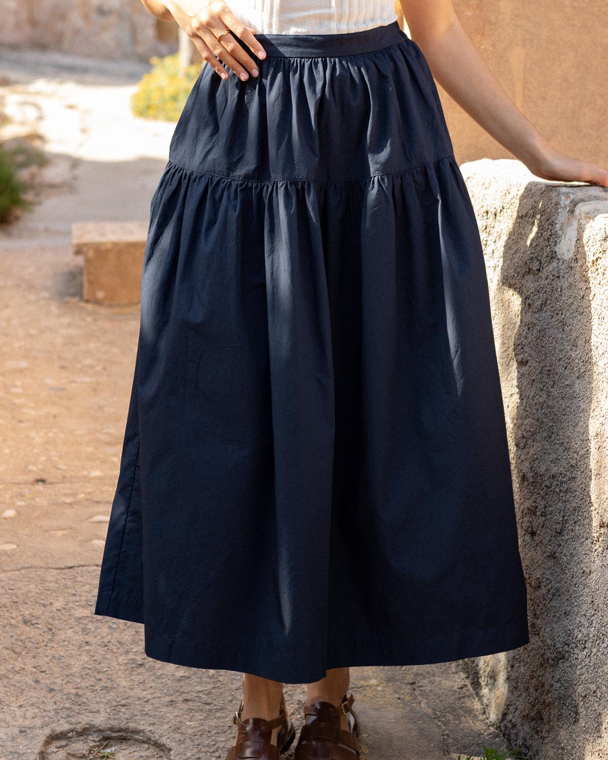 navy cotton midi skirt