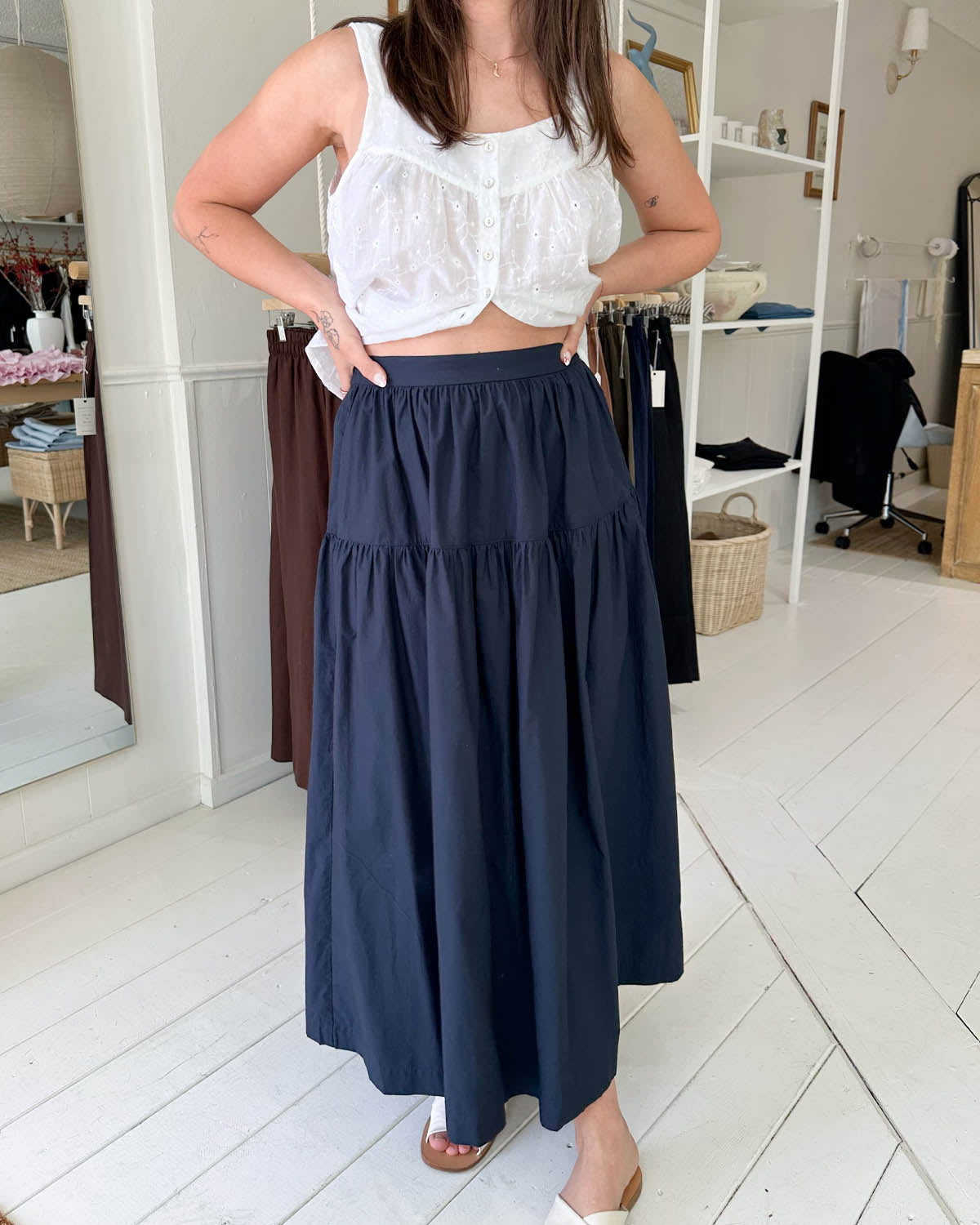 navy cotton midi skirt