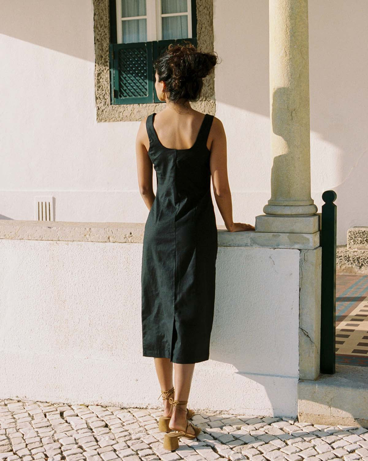 black button-front dress