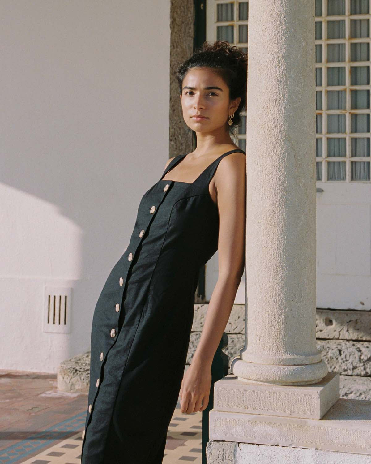 black button-front dress