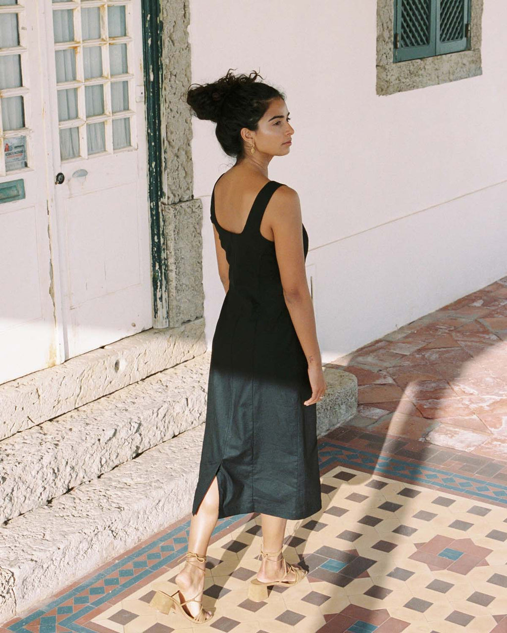 black button-front dress