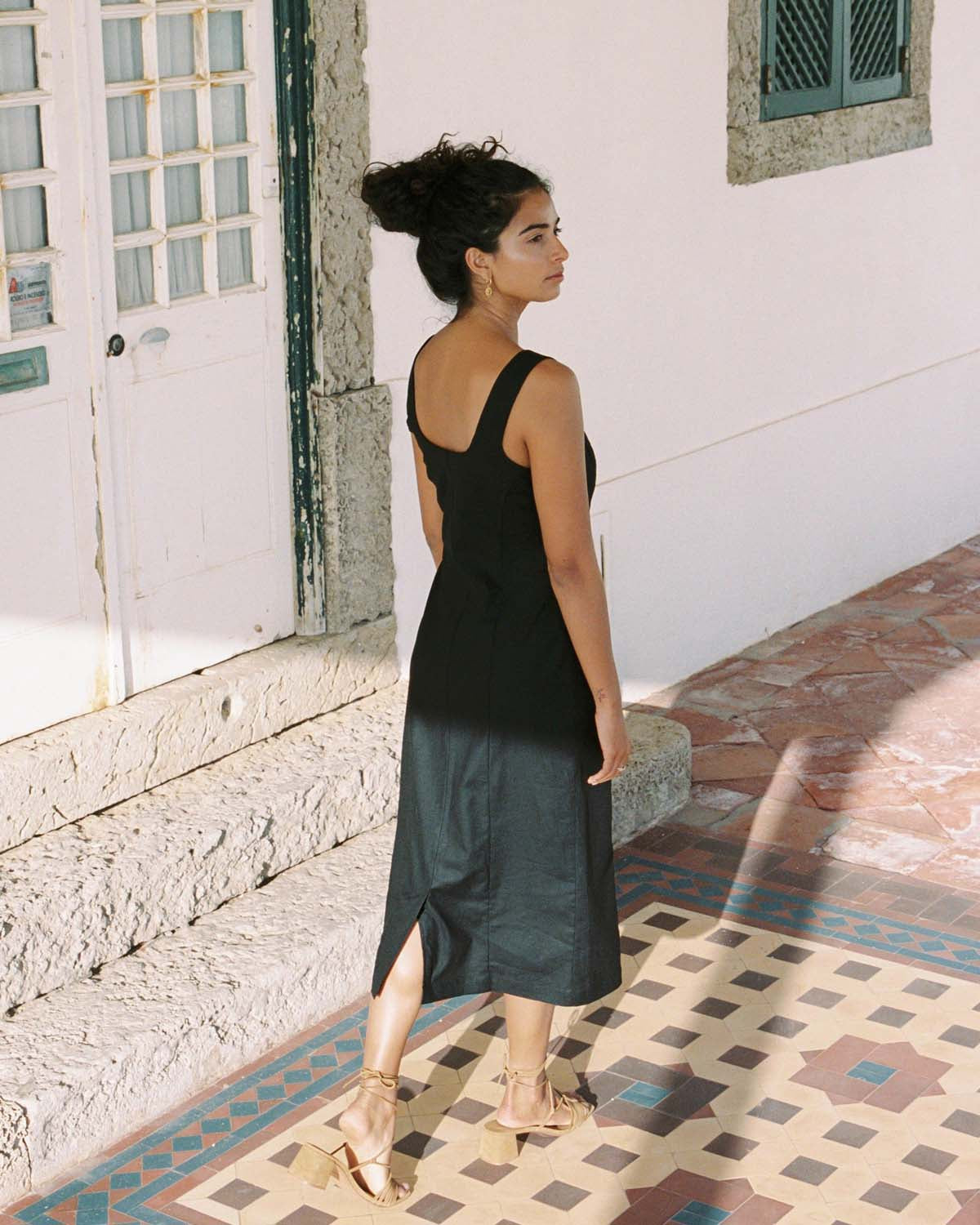 black button-front dress