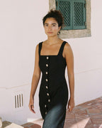 black button-front dress