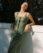 pistachio-coloured button front dress