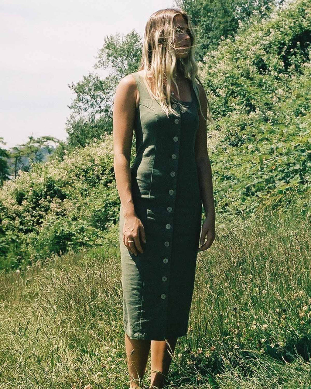 pistachio-coloured button front dress