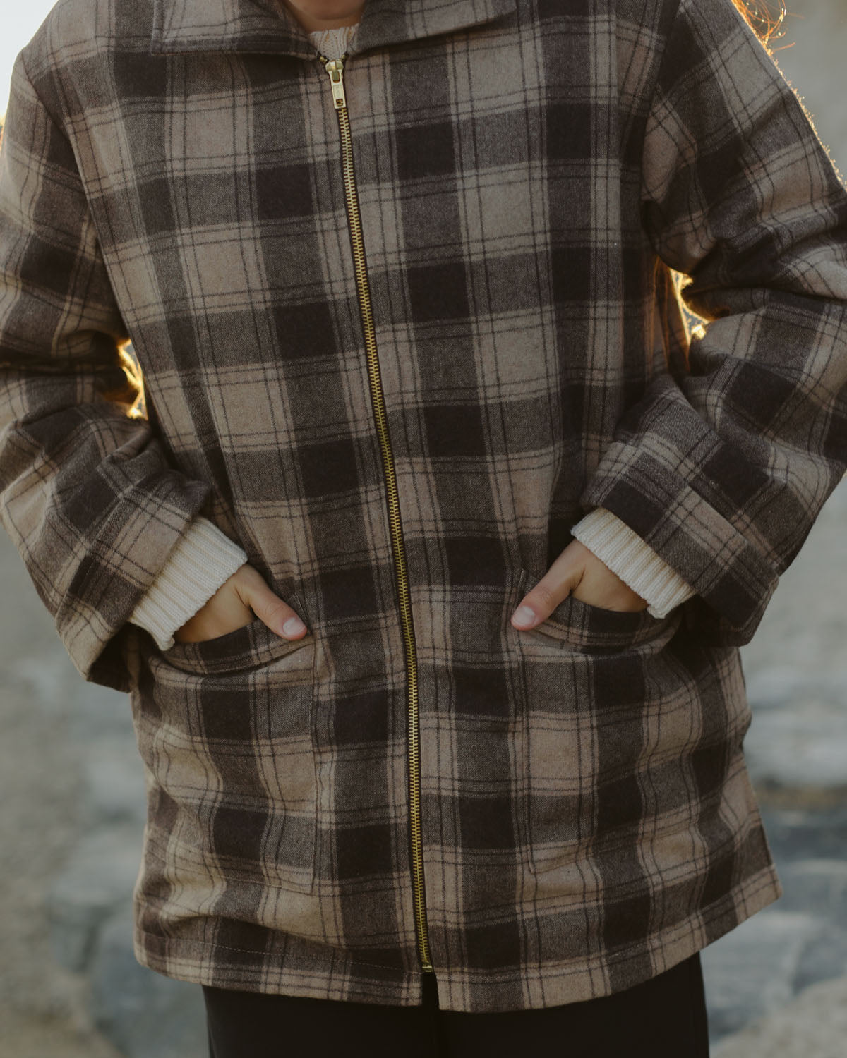 plaid wool coat with front zipper and pockets