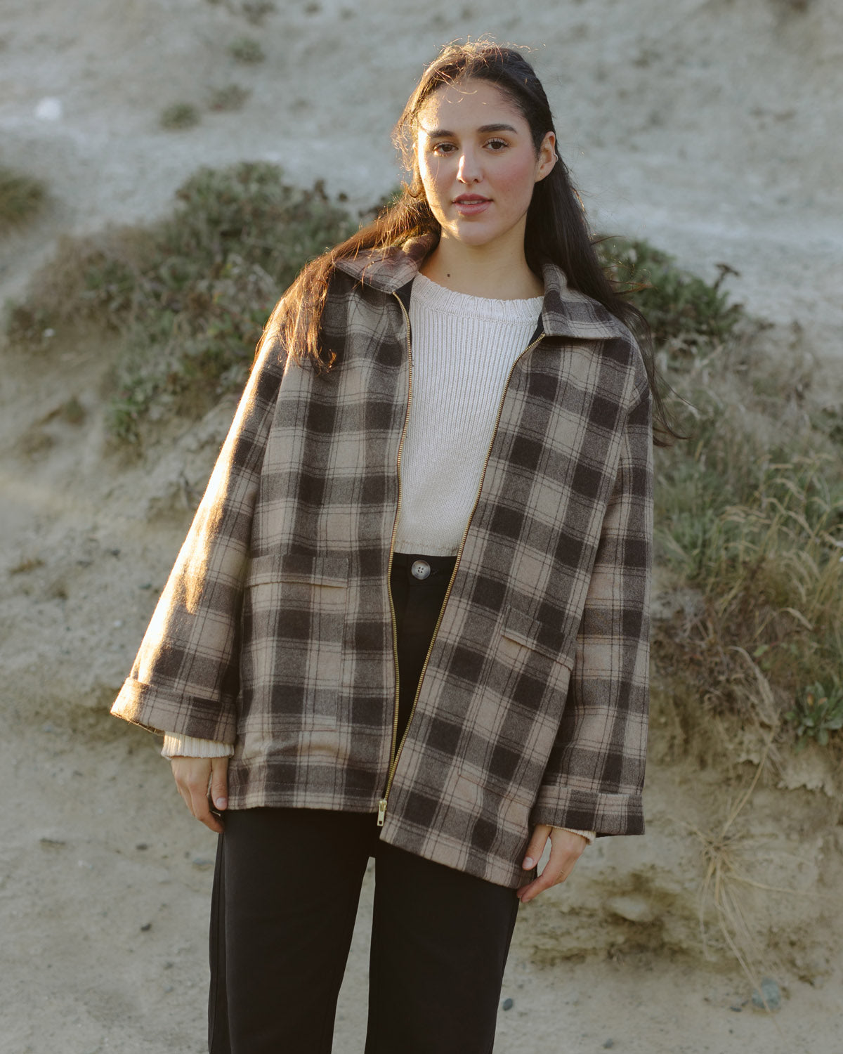 plaid wool coat with front zipper and pockets