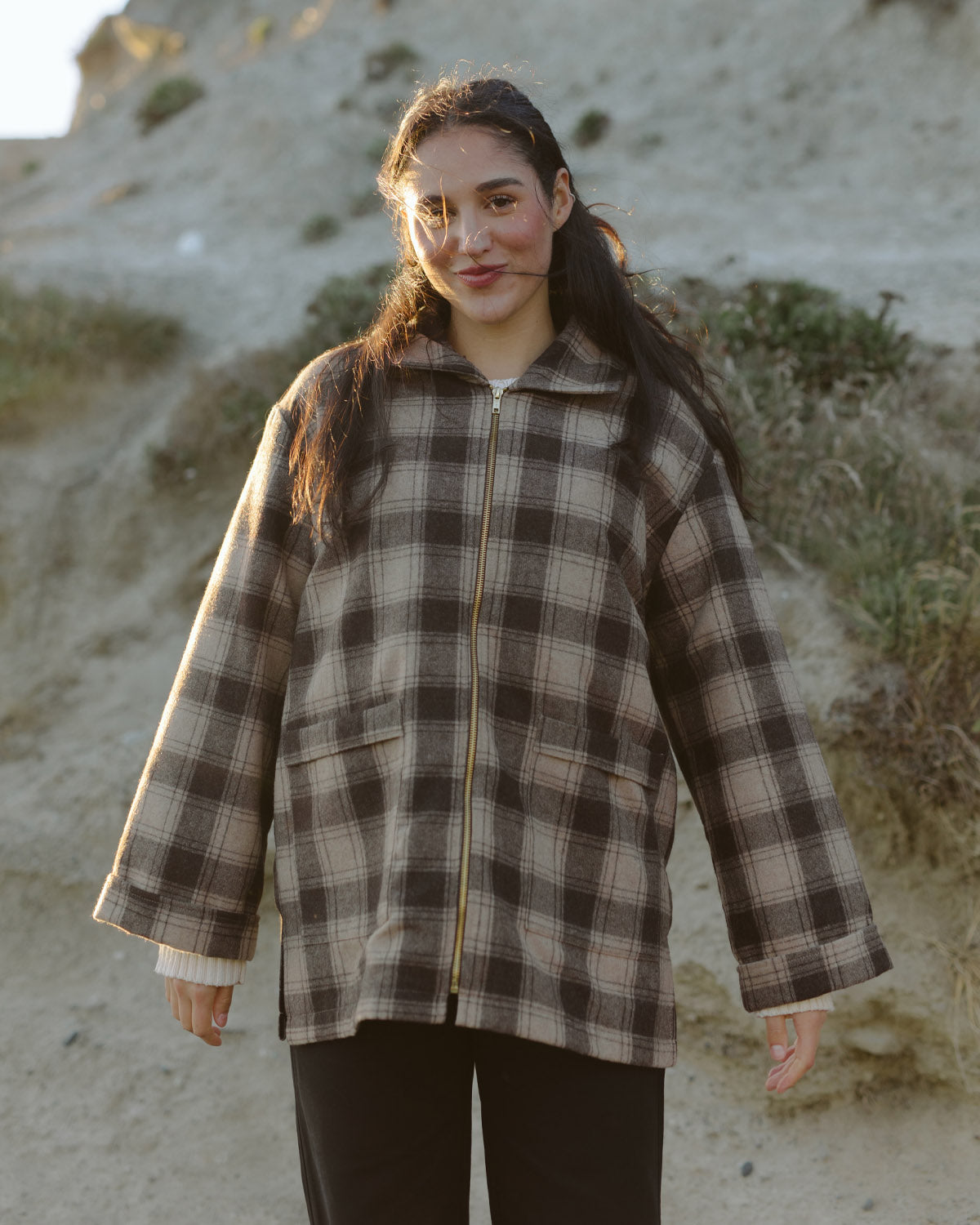 plaid wool coat with front zipper and pockets