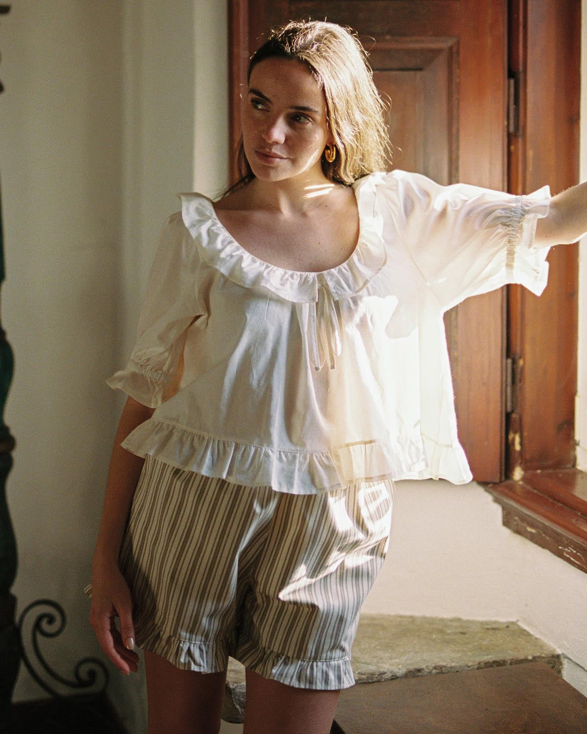 brown and beige striped shorts with elastic waistband