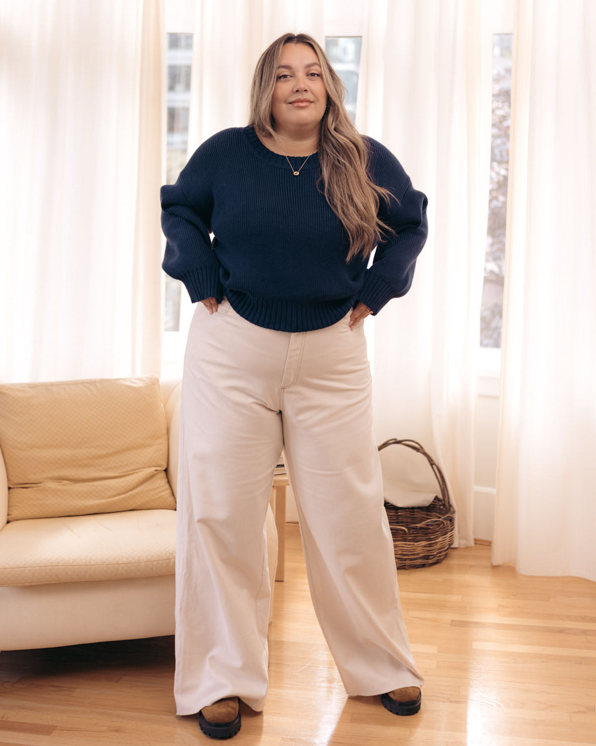 off-white high-waisted loose leg pants with raw hem