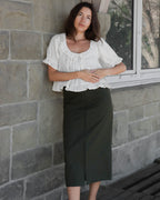 olive coloured cotton zip front skirt