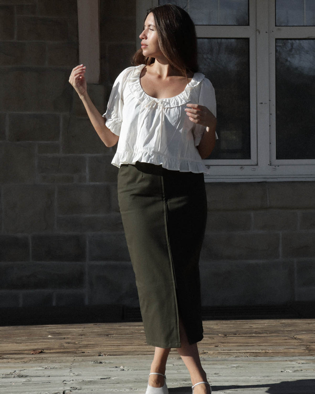 olive coloured cotton zip front skirt