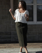 olive coloured cotton zip front skirt