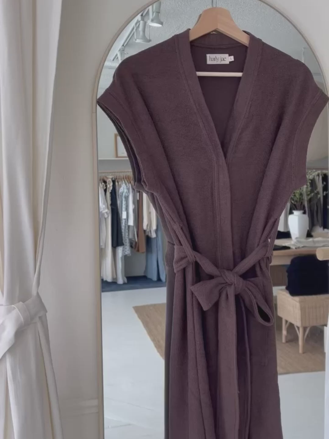 brown cotton terry beach cover-up with pockets and tie