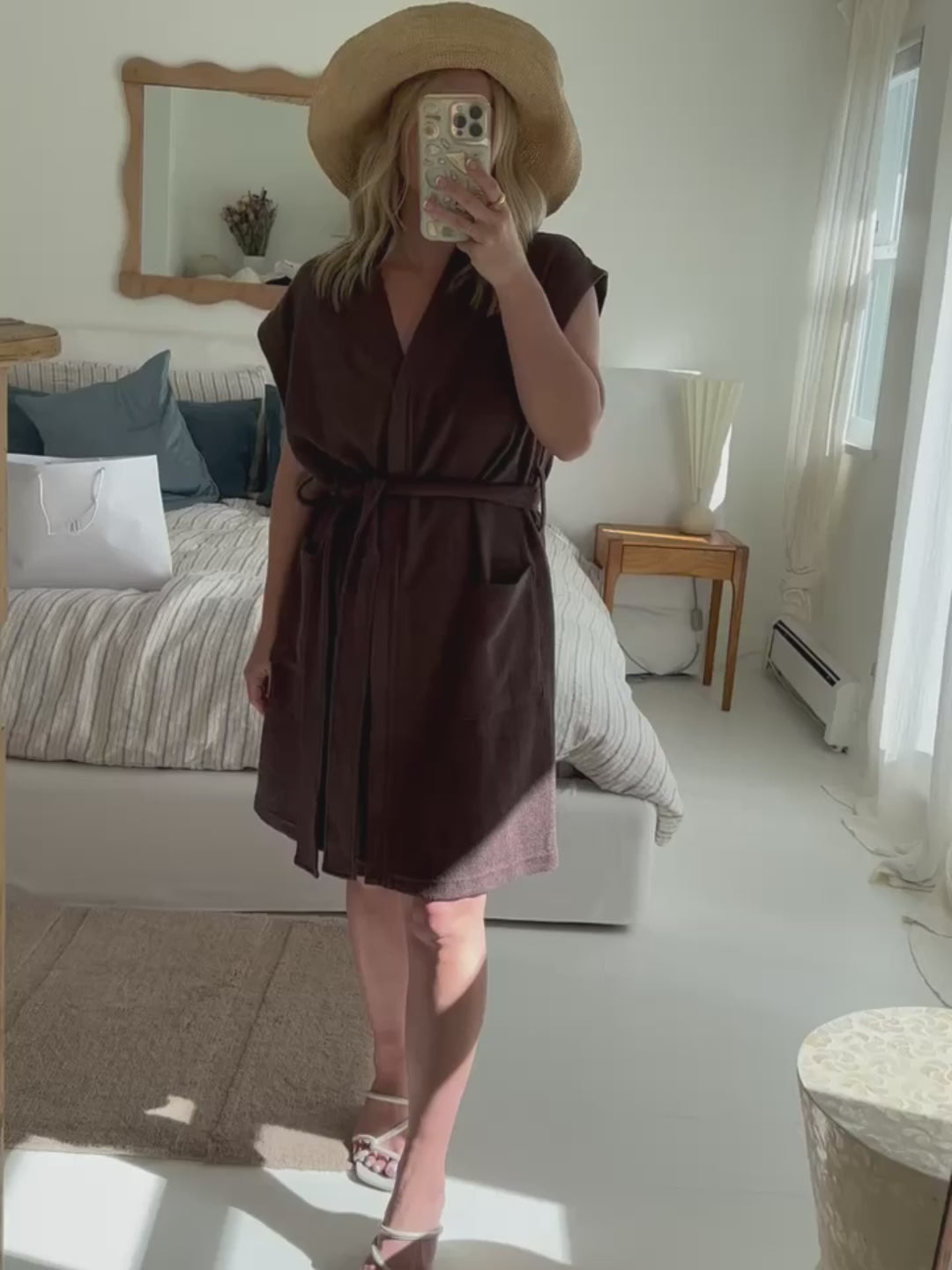 brown cotton terry beach cover-up with pockets and tie