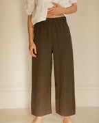 olive coloured elastic waist, cropped leg pants