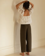 olive coloured elastic waist, cropped leg pants